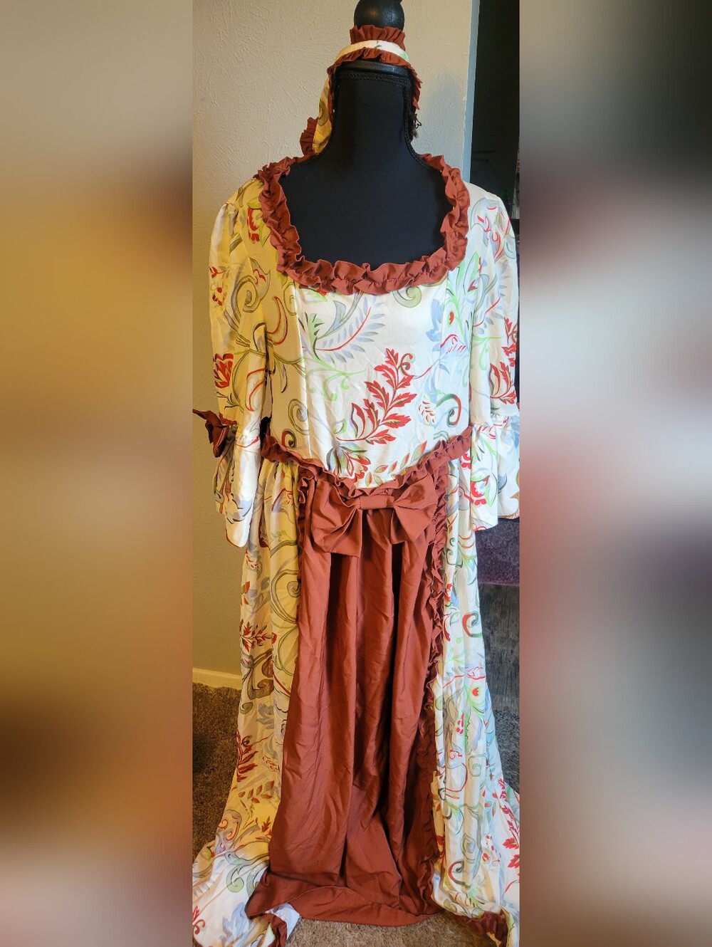 Floral Cream and Rust Ruffled Maxi Dress